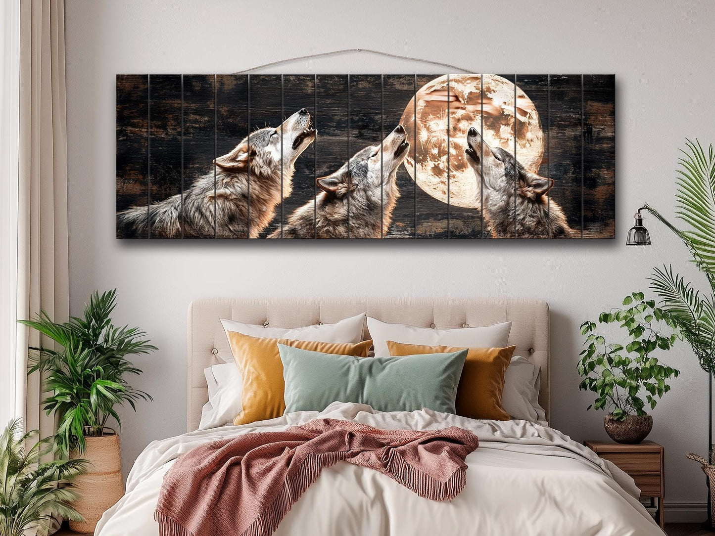 Rustic Wood Wall Art – Howling Wolves Moon Print on Natural Wood | Indigenous Wolf Decor