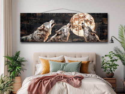 Rustic Wood Wall Art – Howling Wolves Moon Print on Natural Wood | Indigenous Wolf Decor
