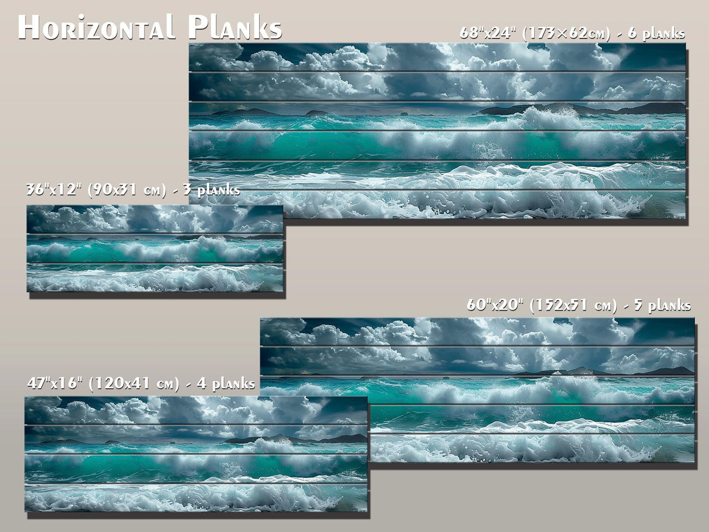 Ocean Wall Decor - Soft Blue Ocean Waves Printed On Natural Wood Art Planks