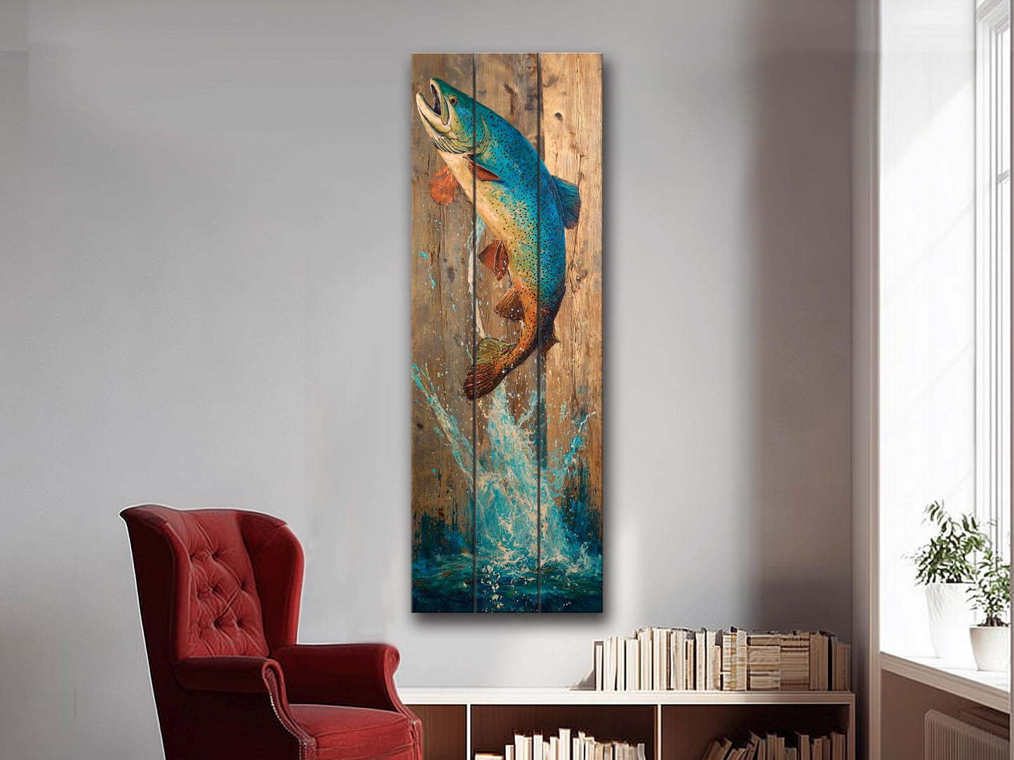 Rustic Wood Wall Art - Trout Painting Print on Wood – Fishing Wall Decor – Leaping Fish Print on Natural Wood