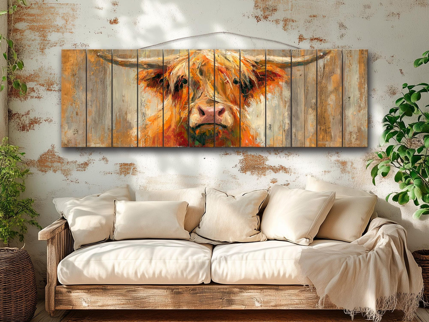 Rustic Wood Wall Art – Cheerful Highland Cow Print | Farmhouse Wall Decor