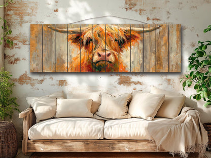 Rustic Wood Wall Art – Cheerful Highland Cow Print | Farmhouse Wall Decor