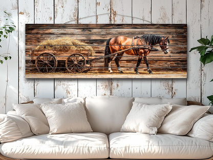 Rustic Wood Wall Art – Horse Wooden Cart with Hay | Farmhouse Wall Decor