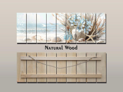 Wooden Wall Art – Coastal Beach Still Life Print on Natural Wood Planks
