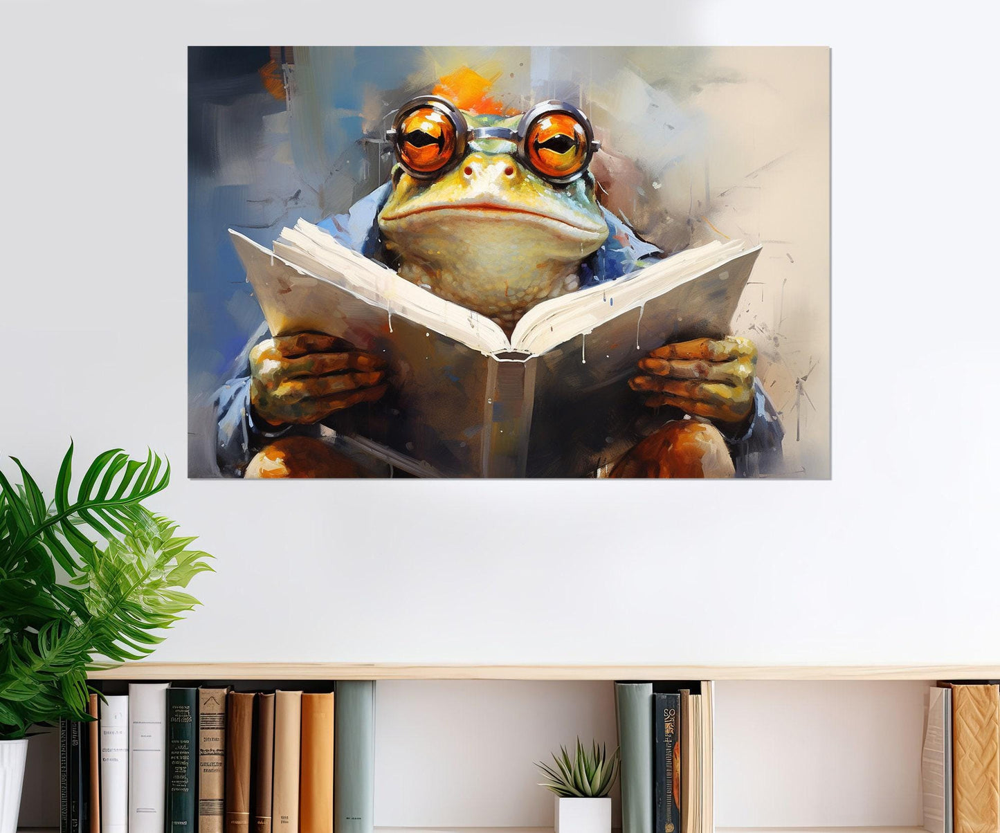 Frog in Glasses Reading Book Abstract Painting Canvas Print, Kids Room Decor, Nursery Wall Art, Framed and Ready to Hang