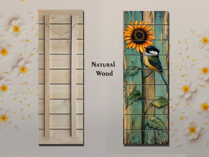 Wood Wall Art – Rustic Chickadee Bird Painting on Sunflower Plank Decor