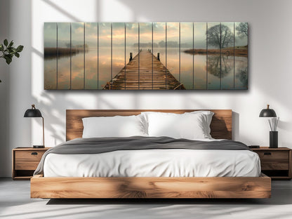 Wooden Dock Wall Art – Rustic Lake Decor on Natural Wood Print Panel
