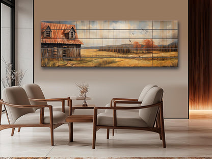 Rustic Farmhouse Wall Art – Natural Wood Artwork with Cozy Country Landscape Print
