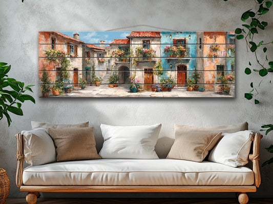 Italian Wood Wall Art - Handcrafted Wood Print Featuring Flower Balcony & Rustic Decor