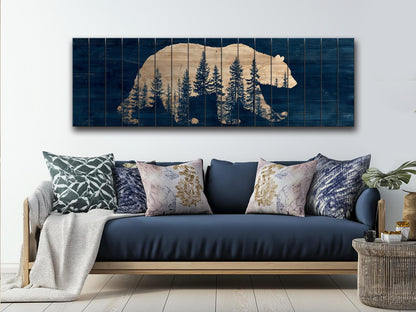 Bear Silhouette Wall Art – Rustic Cabin Decor with Pine Forest Print on Wood
