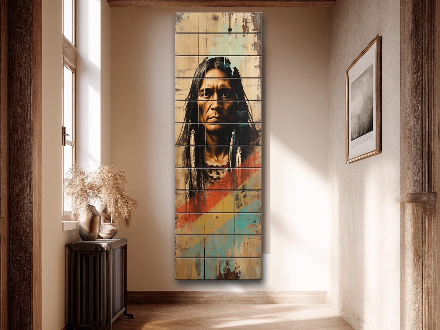 Native American Art Print – Tribal Wall Decor on Natural Wood Plank