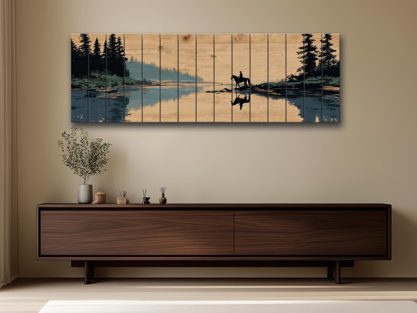 Horse and Rider Wood Print – Rustic River Wall Art with Natural Wood Texture