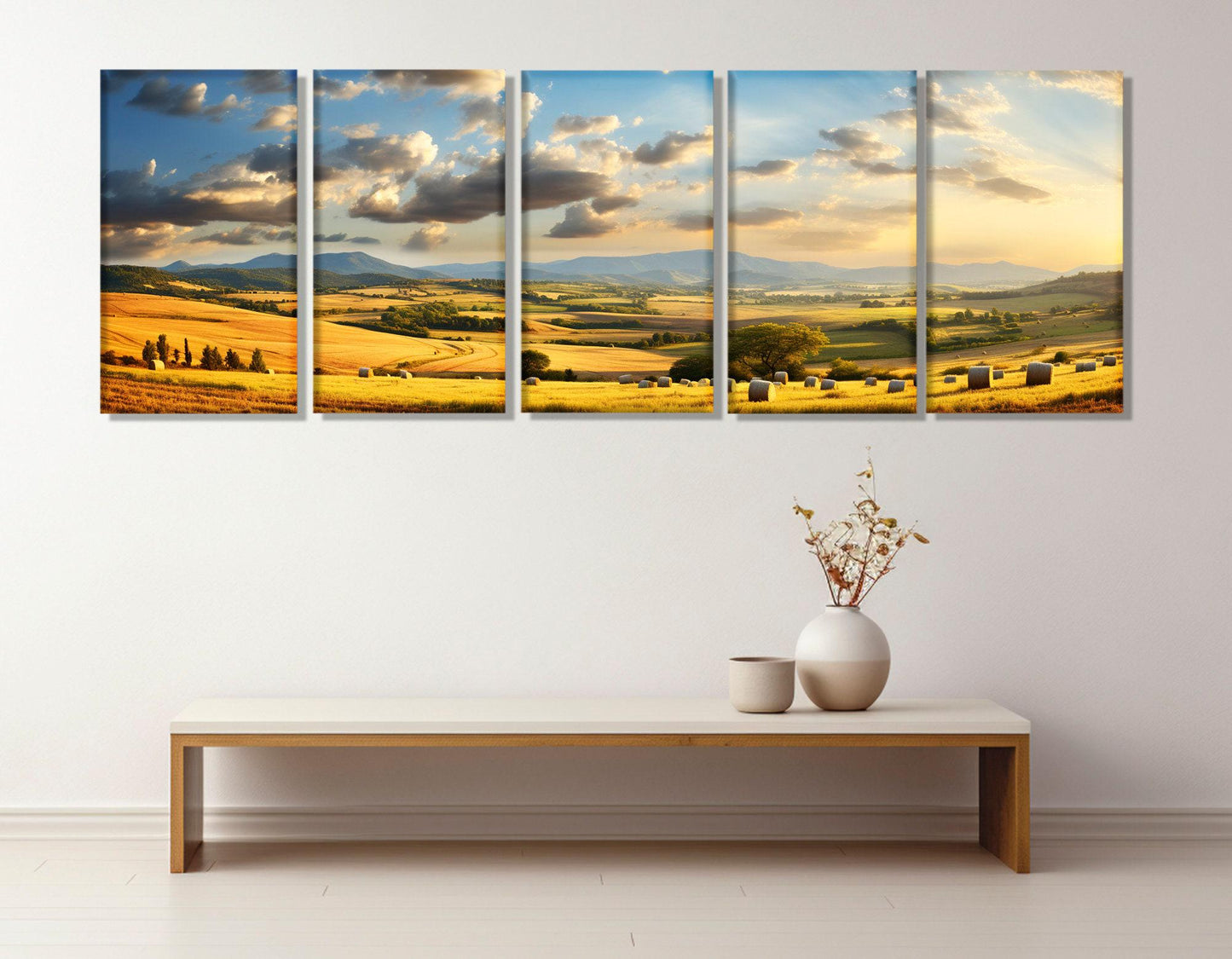Field with Haystacks Canvas | Rustic Farm Wall Art - Framed & Ready to Hang