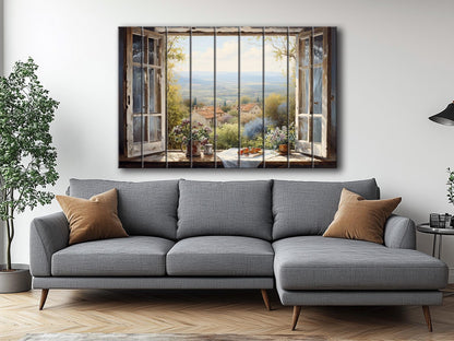 Balkan Landscape Wood Art – Rustic Natural Wood Wall Decor with Window View Painting
