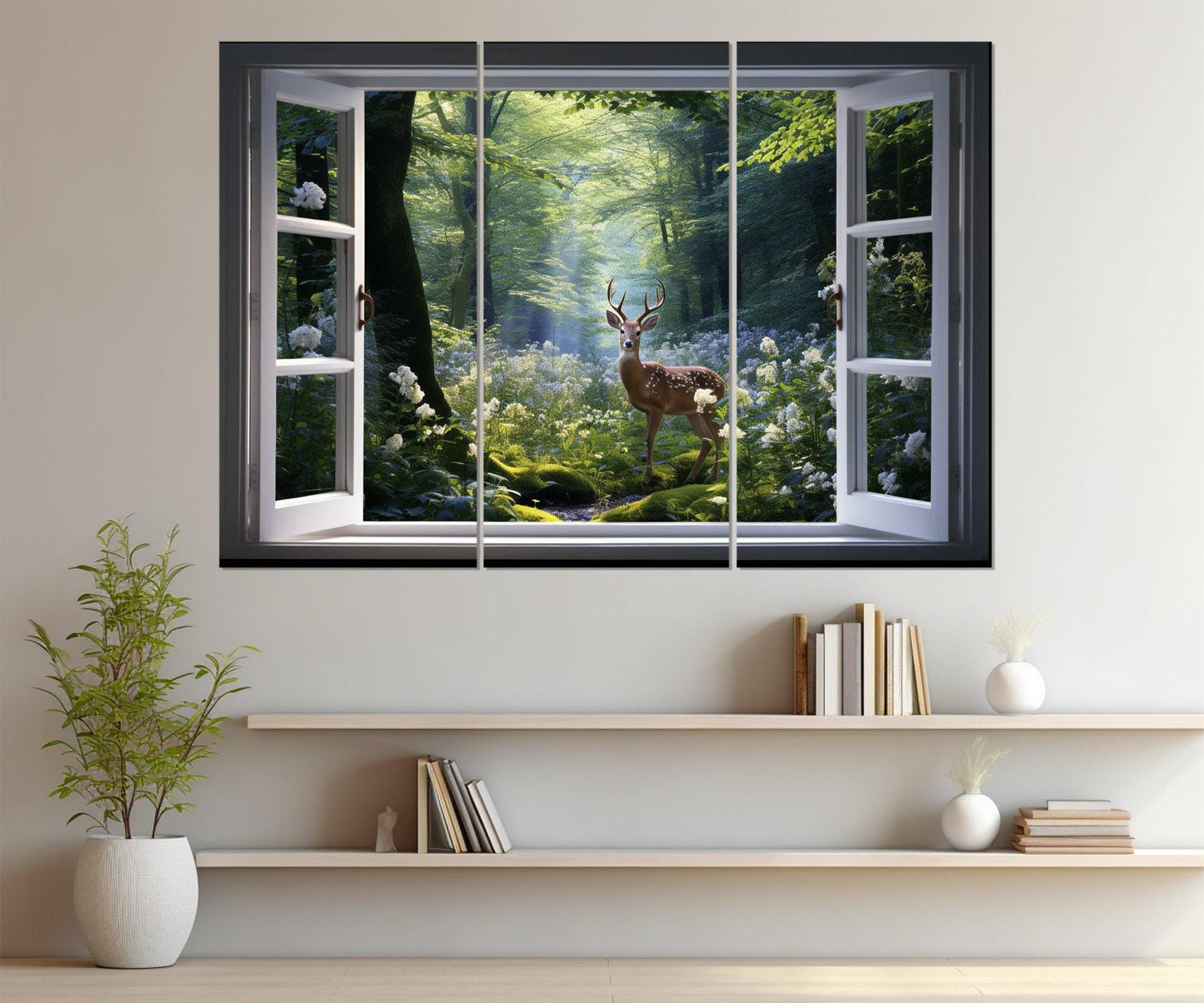 Forest Window Canvas – Faux Window Art With Deer, Spring Wall Decor Ready to Hang