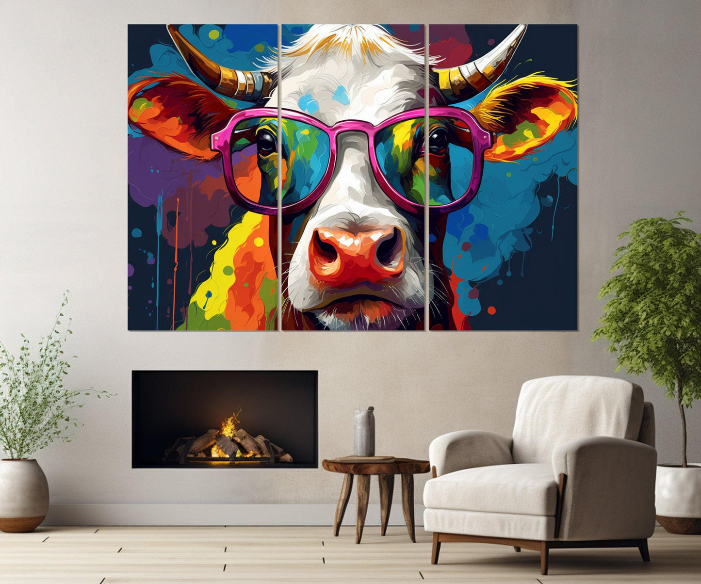 Cow in Glasses Canvas – Framed Cotton Gallery Wrapped Print | Kids Room Wall Art
