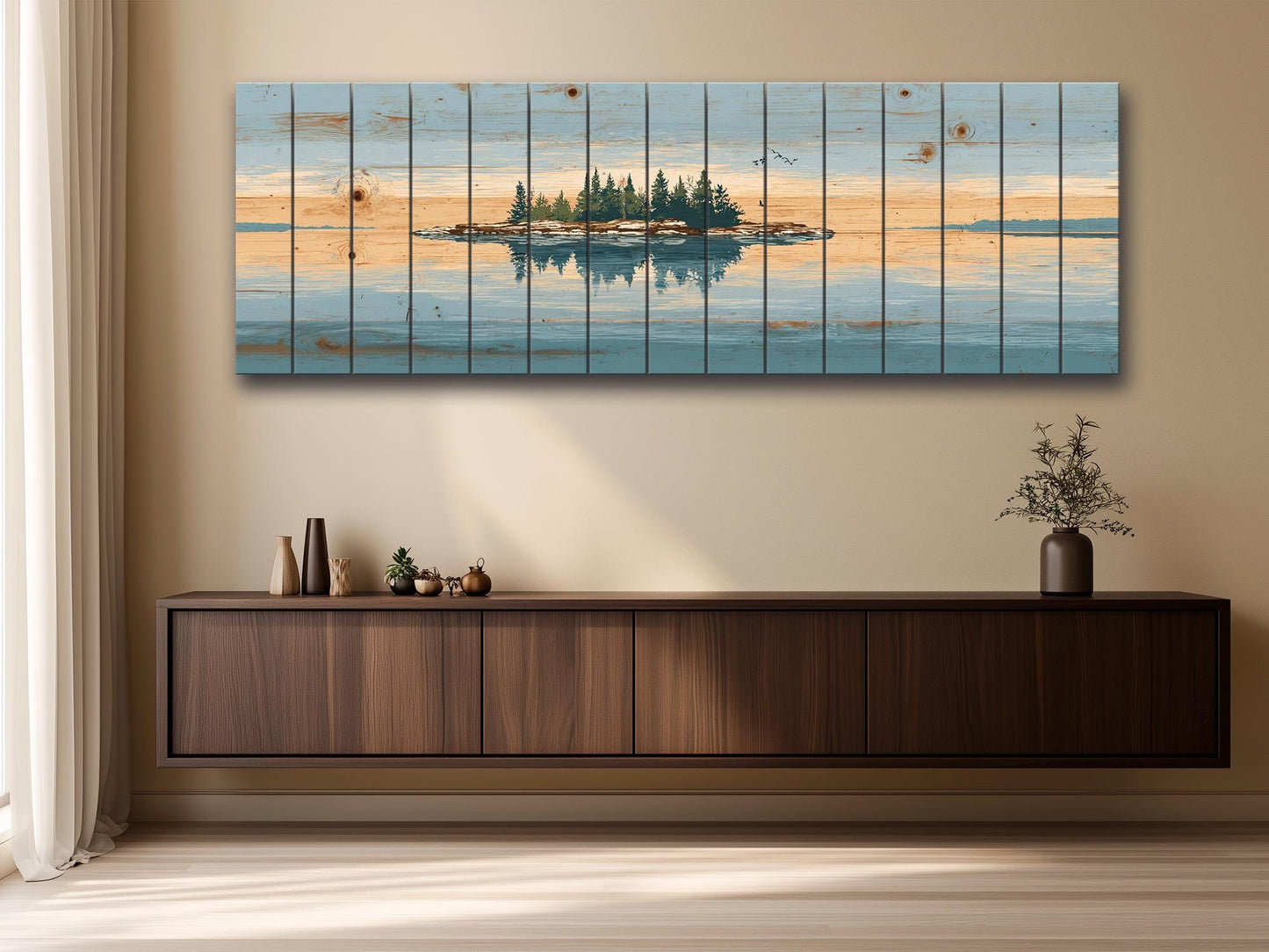 Lake Island Wood Art – Rustic Wood Wall Art with Serene Lake Landscape