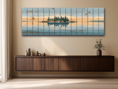 Lake Island Wood Art – Rustic Wood Wall Art with Serene Lake Landscape