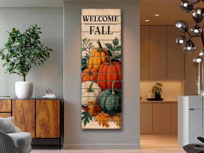 Rustic Wood Wall Art – Welcome Fall Sign with Hand Painted Pumpkins & Cozy Autumn Decor