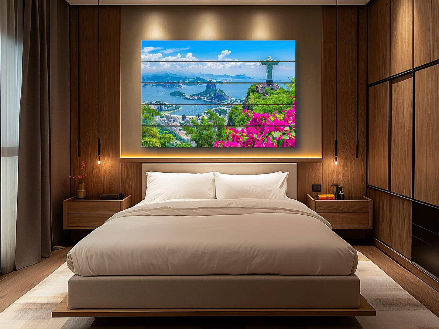 Rio De Janeiro Painting Printed on Natural Wood, Sugarloaf Mountain, Rio De Janeiro Wall Art, Christ the Redeemer Print on Wood