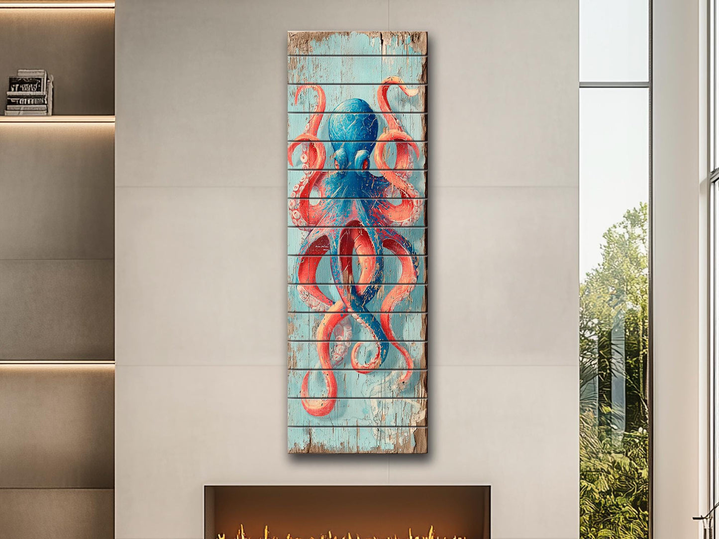 Octopus Wood Art – Colorful Nautical Wall Art | Coastal Sea Painting on Natural Wood
