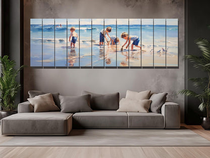 Wood Wall Art – Large Beach Wall Decor with Kids Playing on the Beach Print