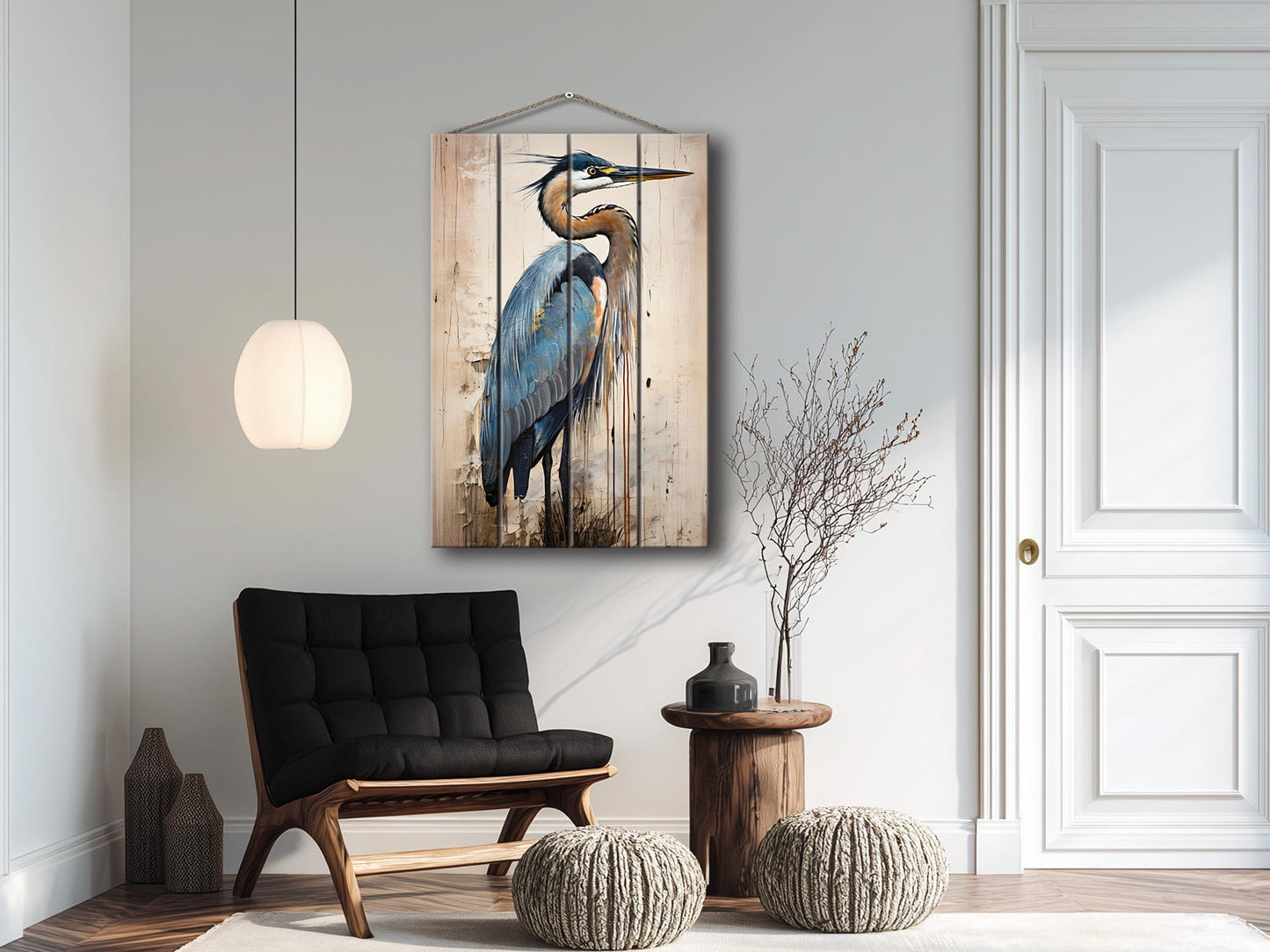 Heron Print on Natural Wood – Oil Painting Style Rustic Cabin Wall Art
