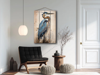 Heron Print on Natural Wood – Oil Painting Style Rustic Cabin Wall Art