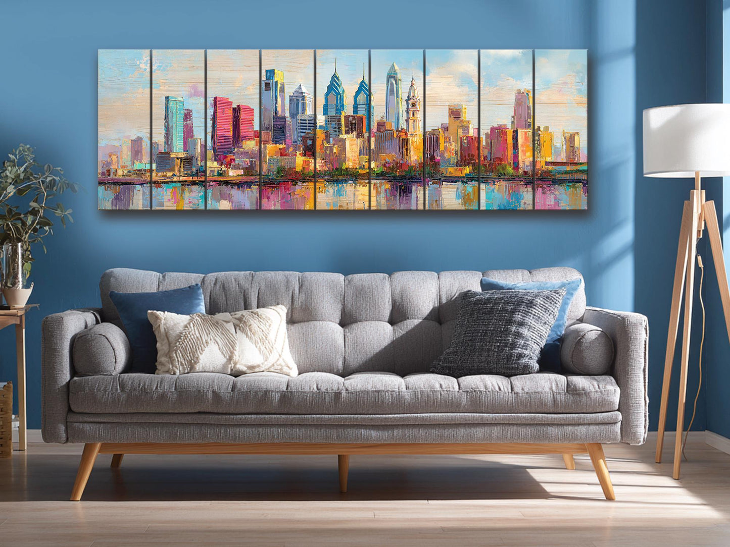 Philadelphia Skyline with Liberty Bell Wood Print – Rustic Wall Art, Bright City Painting on Distressed Wood, Farmhouse Wall Decor
