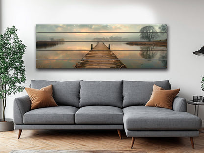 Wooden Dock Wall Art – Rustic Lake Decor on Natural Wood Print Panel
