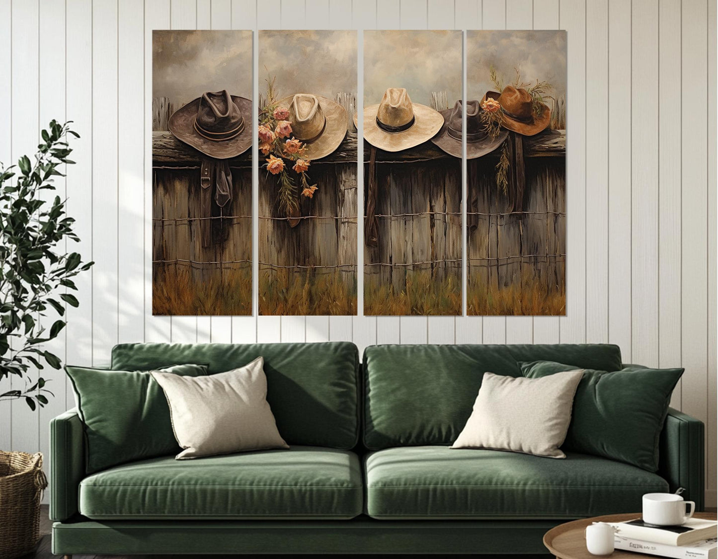 Rustic Fence Canvas Print – Farmhouse Wall Decor With Hanging Hats Artwork, Ready to Hang