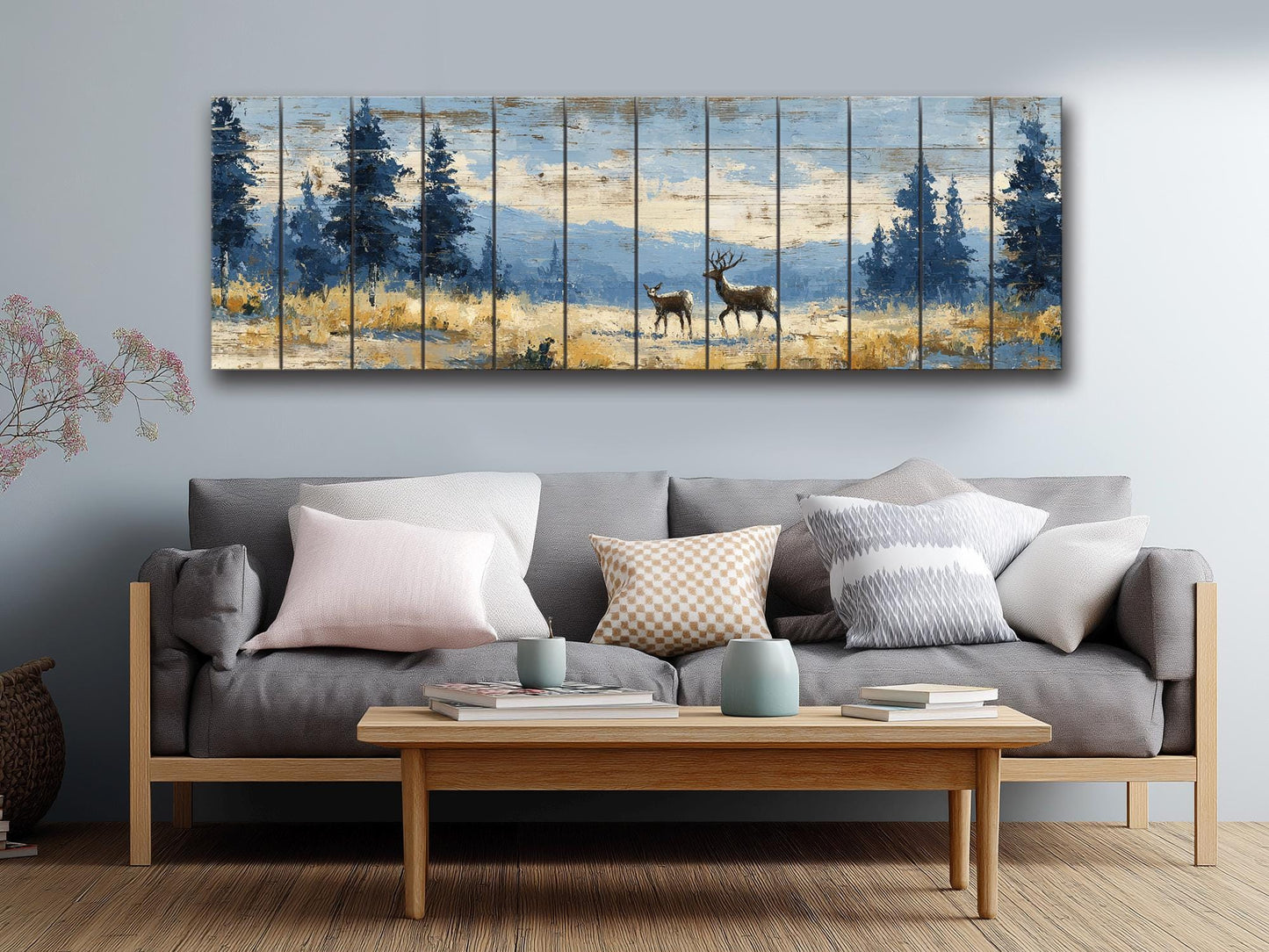 Deer Wood Art – Rustic Cabin Decor | Handcrafted Natural Wood Print with Meadow Deer Painting