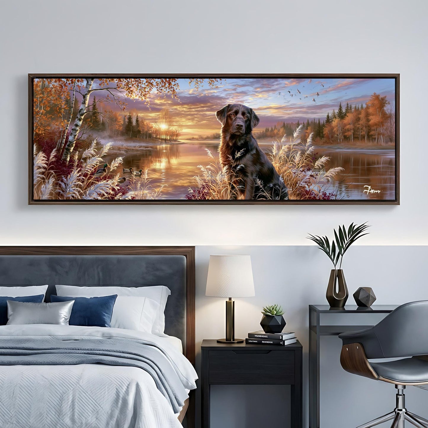 A large framed painting depicting a dog sitting in a scenic landscape with a lake, trees, and a sunset sky.