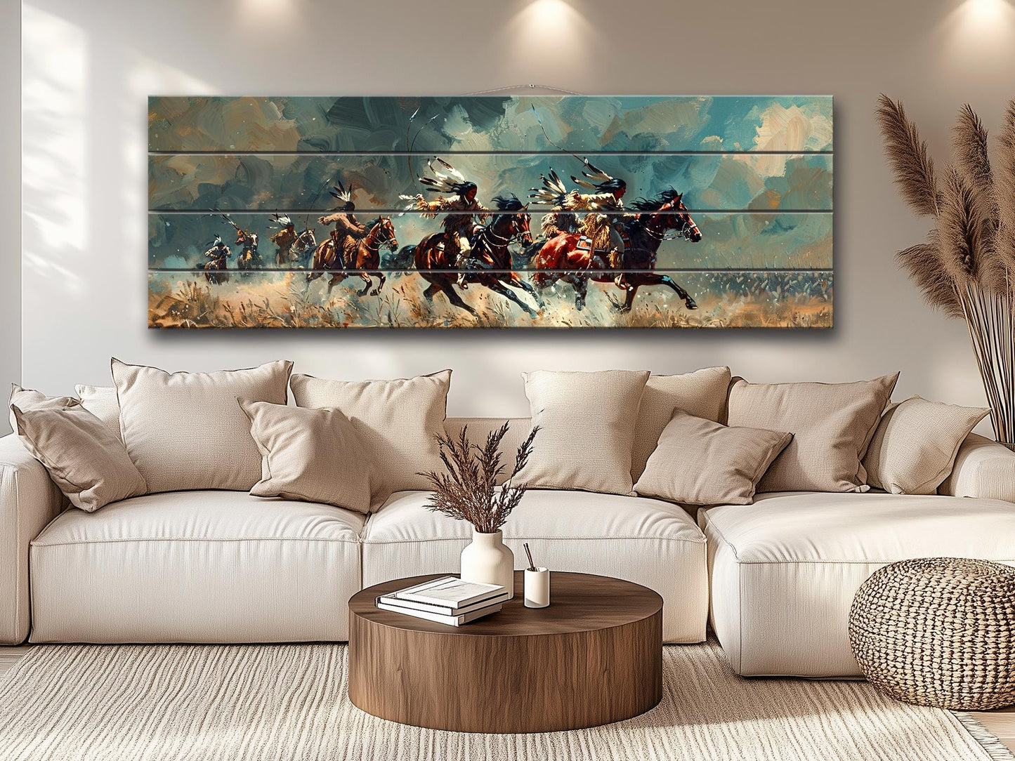 Native Americans Wood Print - UV Printed Wood Panel with Horseback Battle Scene