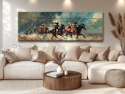 Native Americans Wood Print - UV Printed Wood Panel with Horseback Battle Scene
