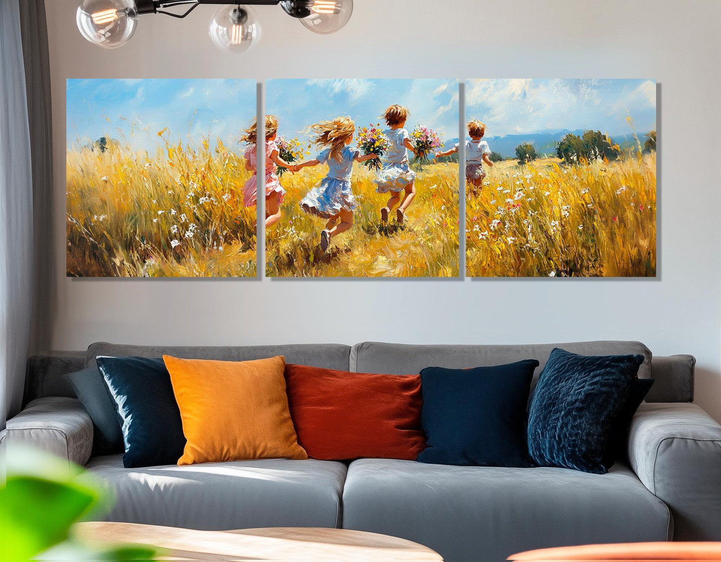Joyful Kids Canvas – Running Children Flower Field Wall Art | Framed Ready to Hang