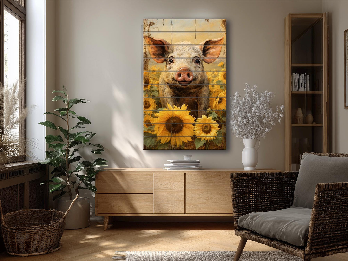 Rustic Wooden Wall Art – Pig In Sunflower Field Wood Plank Print With Fade Resistant Colors