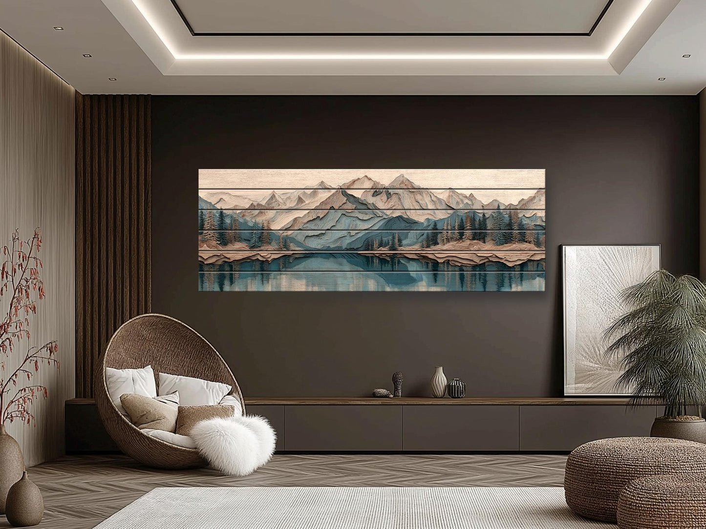 Panoramic Mountain Wood Art – Rustic Wood Decor With Layered Peaks Painting