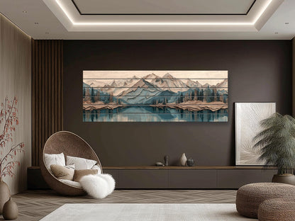 Panoramic Mountain Wood Art – Rustic Wood Decor With Layered Peaks Painting