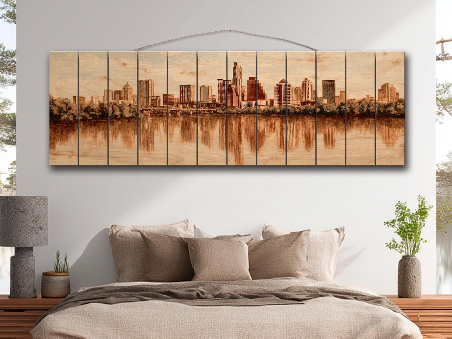 Austin Skyline Wood Print – Rustic Wood Art | Beige Wall Art, River Reflections Painting