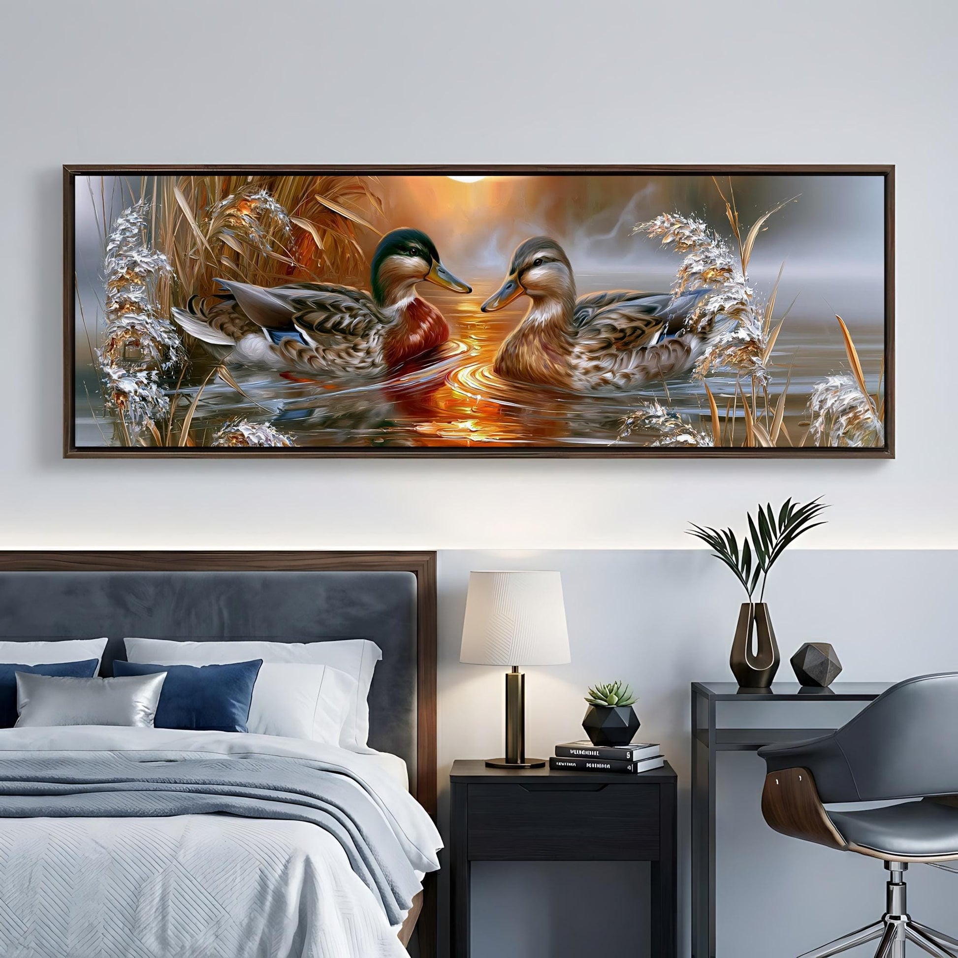 a large painting of two ducks swimming in a pond, surrounded by a serene and natural setting.