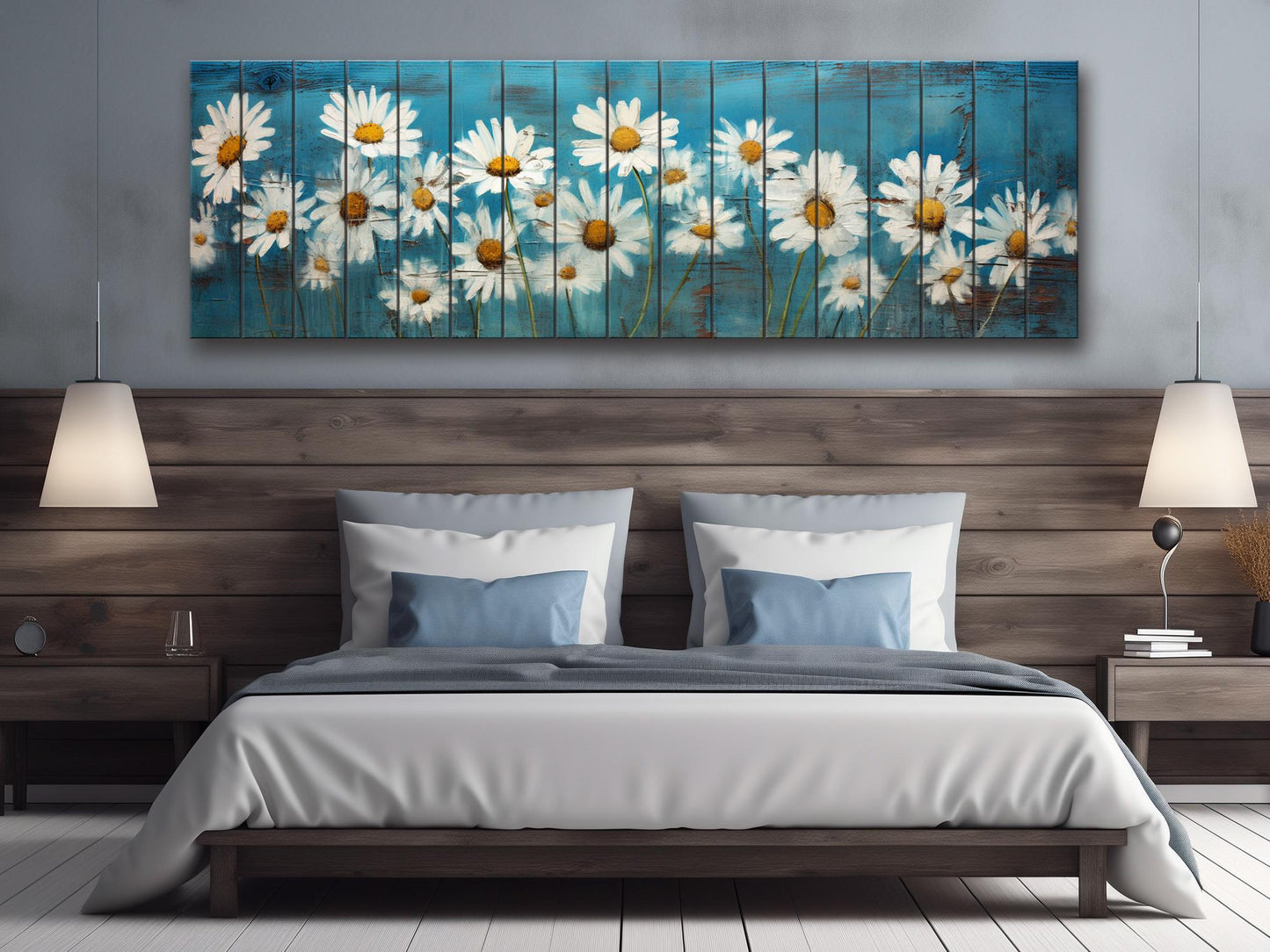 Rustic Daisy Flowers Printed on Natural Wood – Floral Wall Art