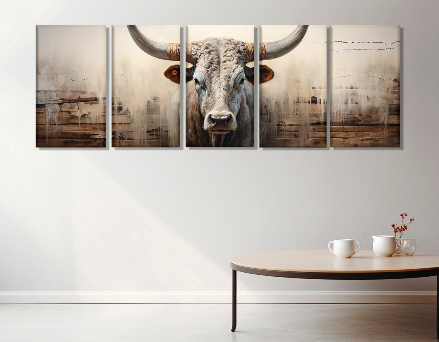 Abstract Longhorn Cow Canvas Print, Large Cow Portrait Painting, Modern Wall Art, Framed and Ready to Hang