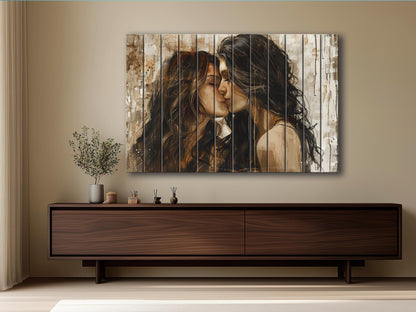 Abstract LGBT Kiss Painting Printed on Natural Wood, Erotic Wall Art, LGBT Sexy Wall Art, Gay Wall Decor, Wood in Interior, Wood Wall Art