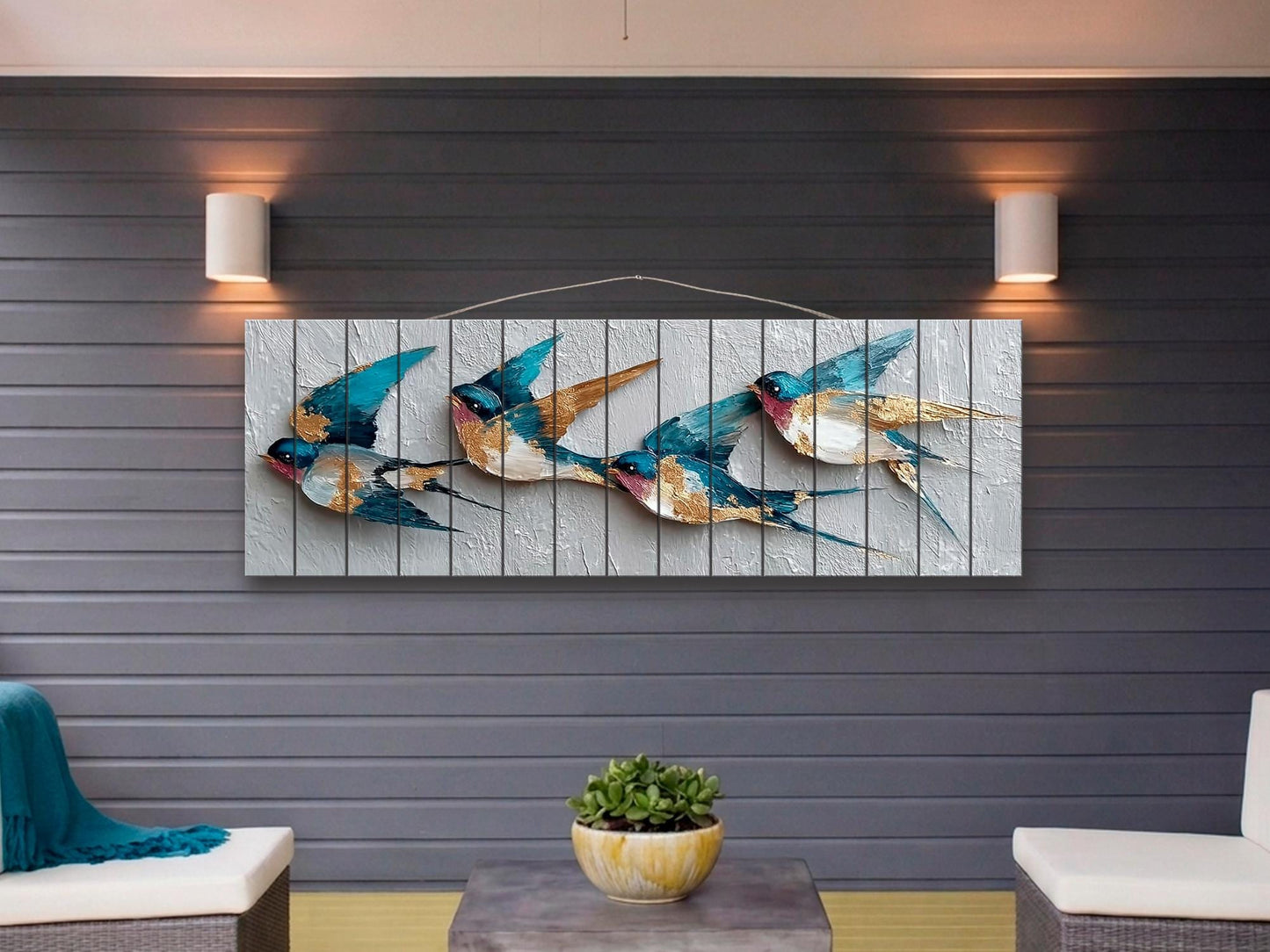 Flying Swallows Print on Natural Wood, Rustic Spring Wall Art