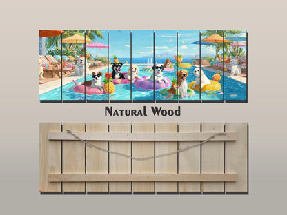 Dog Pool Wall Art – Colorful Summer Dog Print on Natural Wood – Playful Party Scene
