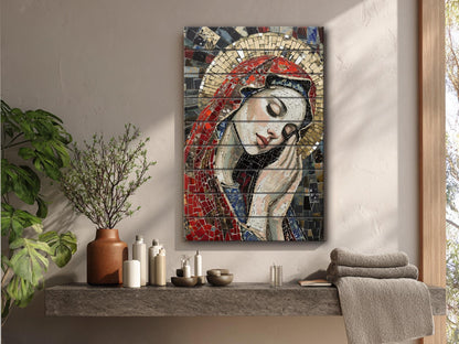 Saint Maria Wood Art – Mosaic Religious Wall Decor on Natural Wood Planks
