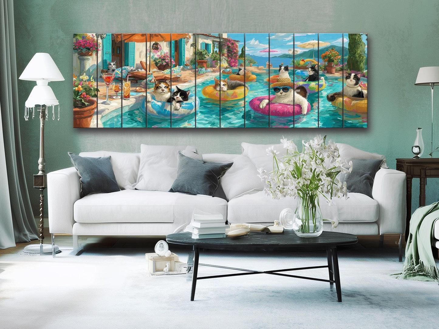 Funny Cat Wall Art – Playful Cat Pool Party Print on Rustic Wood Decor
