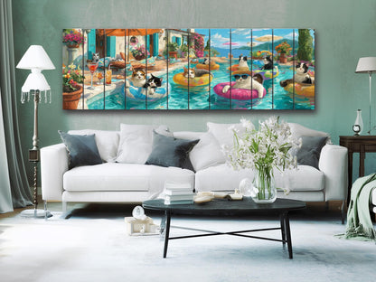 Funny Cat Wall Art – Playful Cat Pool Party Print on Rustic Wood Decor