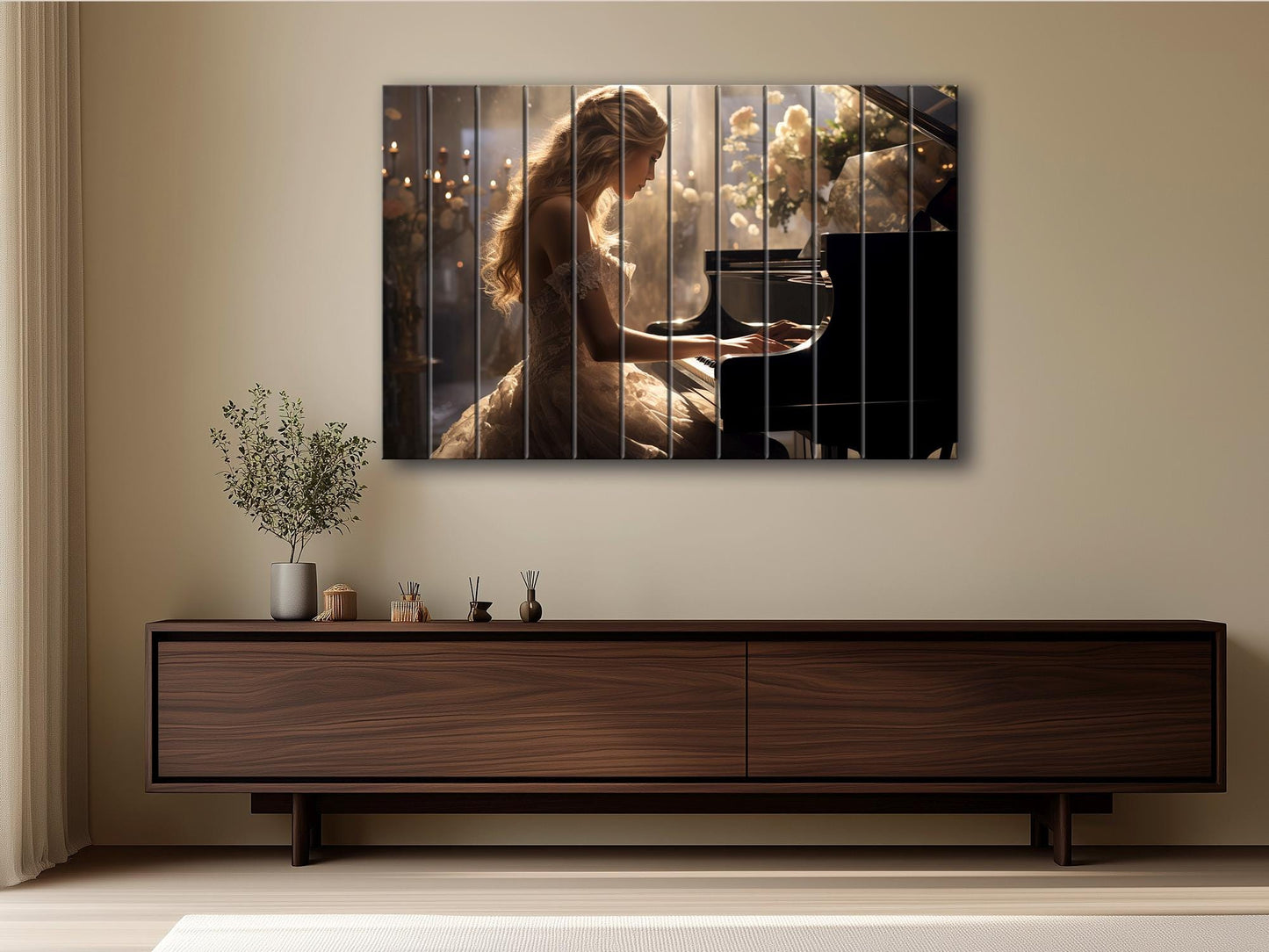 Rustic Piano Wall Art - Wooden Piano Print of Pianist Girl, Framed & Ready to Hang